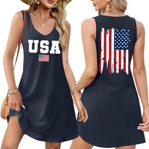 Women’s 4th of July Tank Dress American Flag Star Stripes V-Neck Loose
